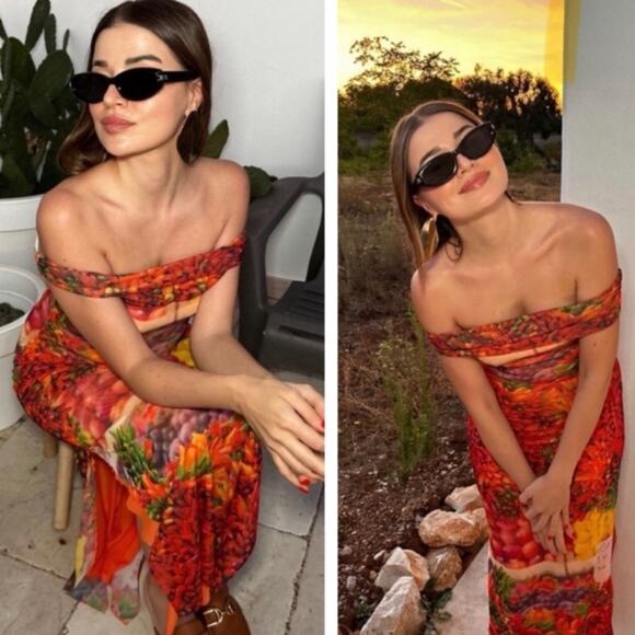 Zara Off Shoulder Dress Printed Chili Pepper Picante Bodycon Dress Small NWT - Picture 2 of 15